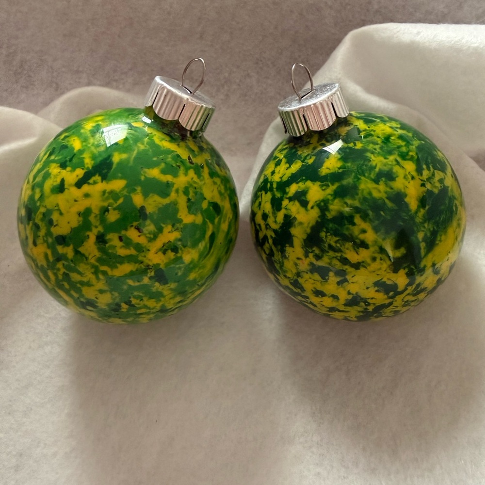 Hand Crafted Green and Yellow Glass Holiday Ornaments